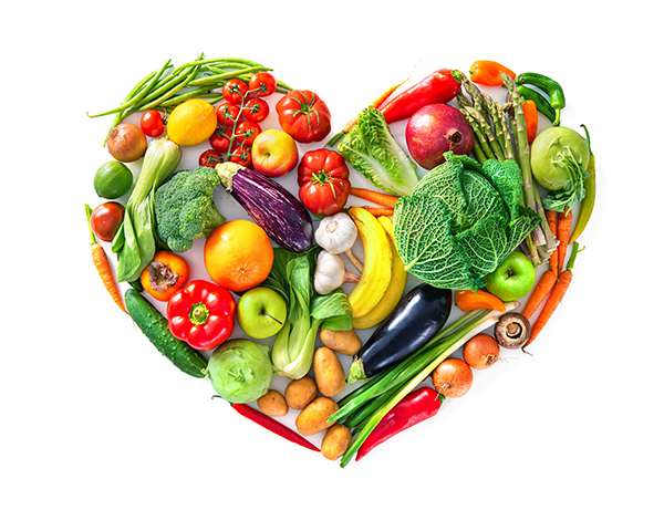Heart shape by various vegetables and fruits. Healthy food conce