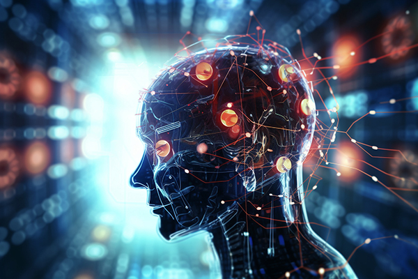 Digital brain interface with virtual information, displayed agai Digital brain interface with virtual information, displayed agai